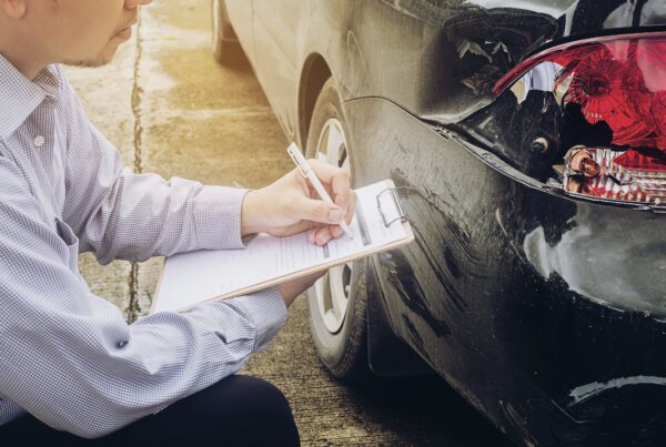 Un hombre con una camisa de cuadros y pantalones oscuros está agachado junto a la parte trasera de un coche negro dañado, escribiendo en un portapapeles. El coche tiene el faro trasero roto y abolladuras. Parece estar evaluando los daños de un accidente.