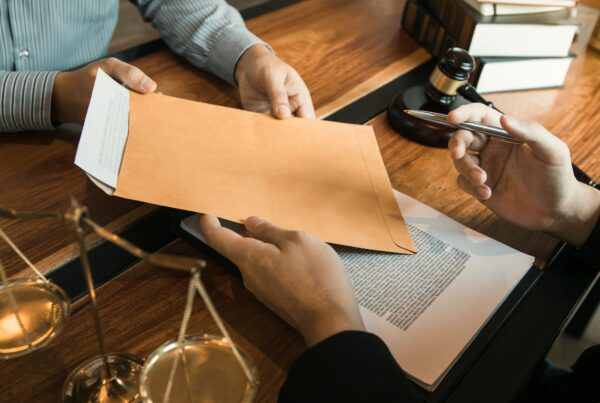 Dos personas sentadas a una mesa de madera oscura. Una persona con camisa a rayas entrega un sobre de manila a la otra, que sostiene un bolígrafo sobre un documento. A la izquierda, se ven las balanzas de la justicia y un mazo de juez sobre unos libros al fondo, lo que sugiere un entorno legal o de asesoramiento.