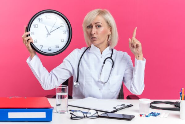 Una mujer con el pelo corto y rubio, vestida con una bata de médico blanca y un estetoscopio, sostiene un gran reloj redondo con la mano izquierda y apunta hacia arriba con el dedo índice de la derecha. Tiene una expresión de asombro y está sentada detrás de un escritorio con varios objetos de oficina. El fondo es de color rosa brillante.